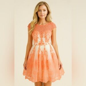 CHI CHI London Gilded Grace Lace Mini Dress in Coral Pink and Cream